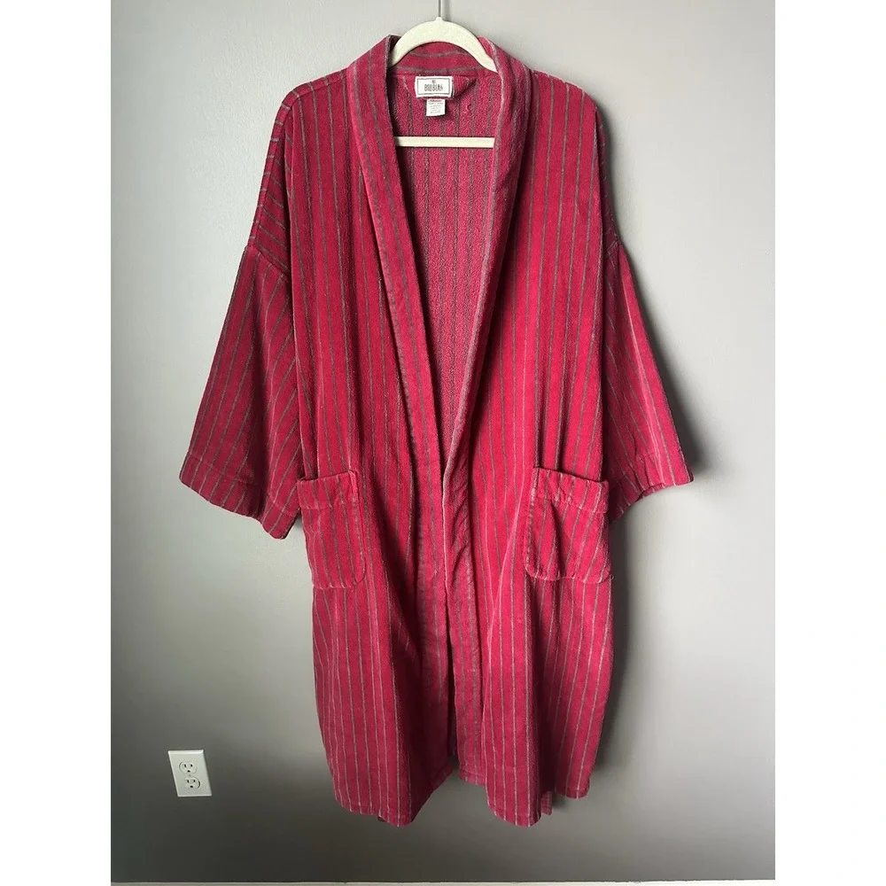 Vintage Bill Blass Robe Mens One Size Burgandy Striped Terry Cotton Belt Lounge